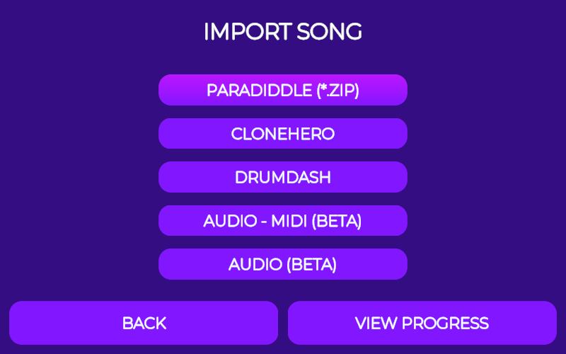 DrumDash import options supporting MIDI, MP3, WAV, OGG, and Clone Hero charts
