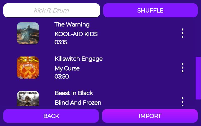 DrumDash song library showing imported tracks with AI-generated drum charts
