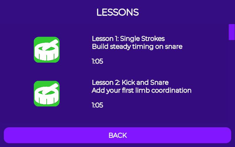 DrumDash lessons menu with accuracy scoring, achievement badges, and structured learning paths