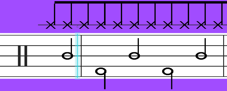 DrumDash sheet music mode showing hi-hat, kick, snare and tom notes on a scrolling drum staff